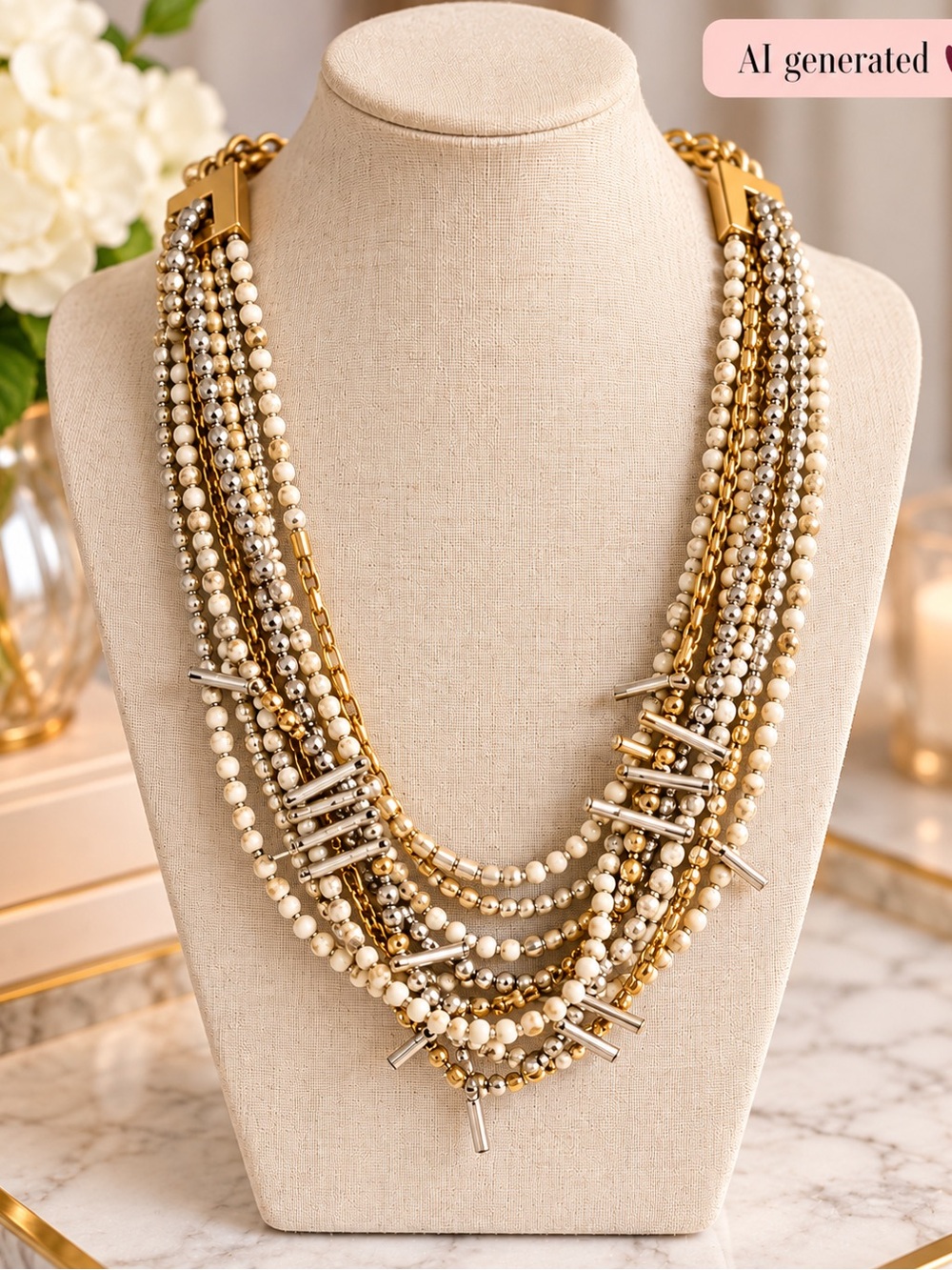 Multi-Strand Ivory and Gold Beaded Statement Necklace